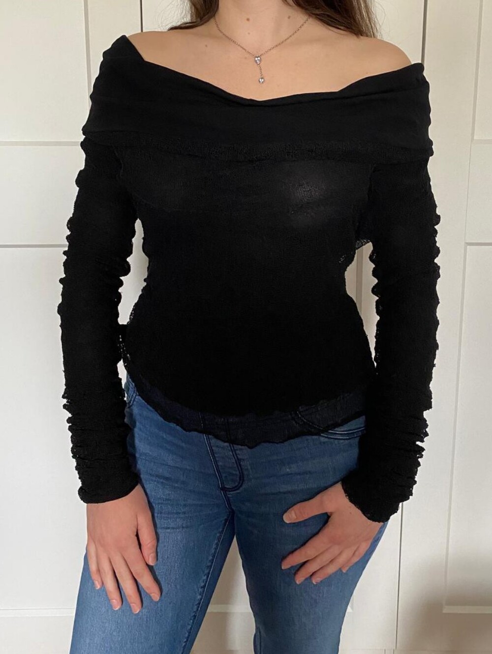 Sarah Pacini Black Avant Garde Off-Shoulder Web Net Mesh Overlay